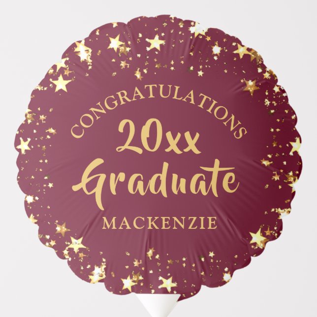 Graduation Gold Stars Brush Script Name Maroon Balloon (Front)