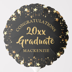 Graduation Gold Stars Brush Script Name Year Black Balloon