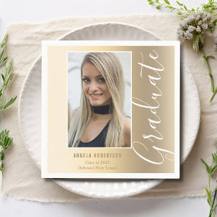 Graduation Gold Stylish Script Modern Photo Party Napkins