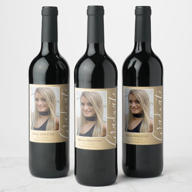 Graduation Gold Stylish Script Modern Photo Wine Label (Bottles)