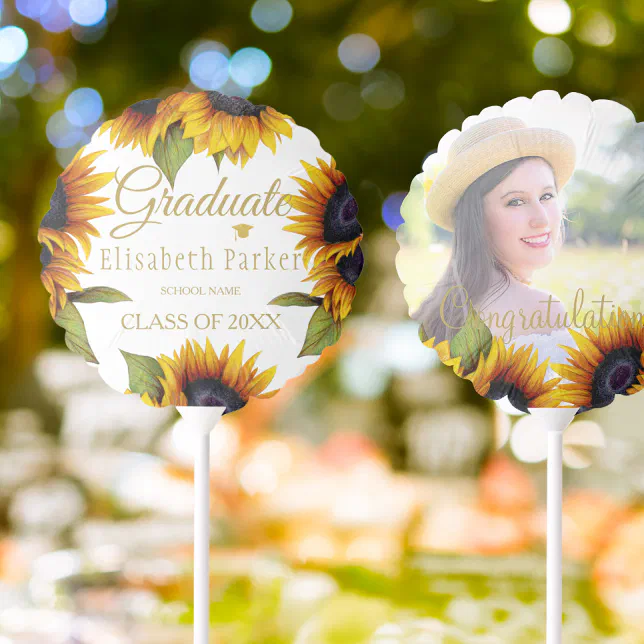 Graduation | Gold yellow sunflowers elegant PHOTO Balloon | Zazzle