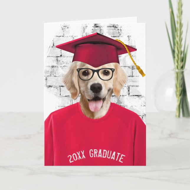 graduation golden retriever in red t-shirt card (Front)