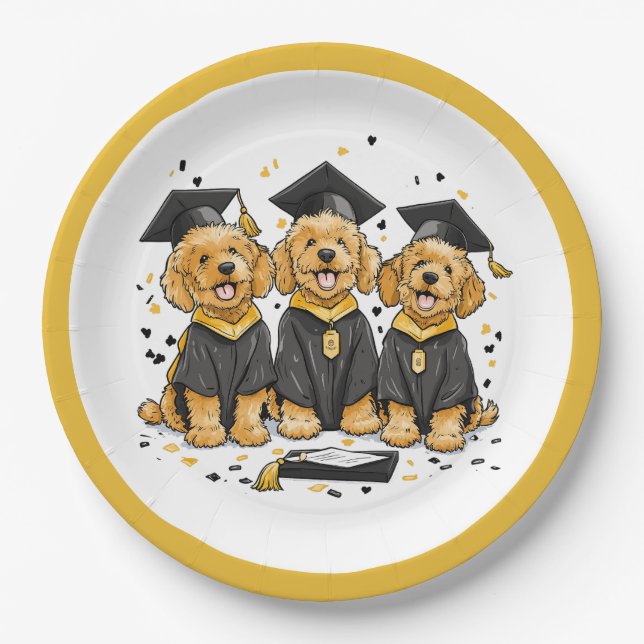 Graduation Goldendoodle Dogs Paper Plates (Front)