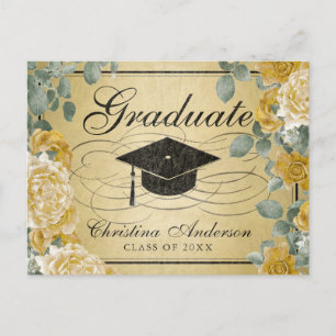 Graduation Grad Cap Gold Roses Floral Invitation Postcard