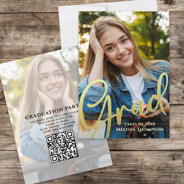 Graduation Grad Gold Calligraphy | QR Code Website Invitation | Zazzle