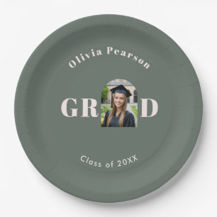 Graduation Grad Party Sage Green Pink Arch Photo Paper Plates