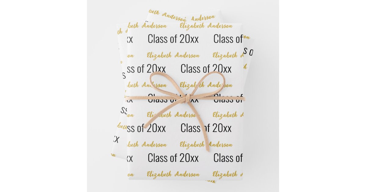 Graduation Grads Full Name Script White Black Gold Wrapping Paper ...