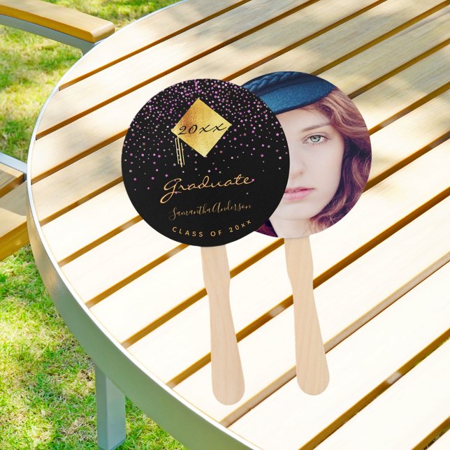 Graduation graduate black gold purple photo hand fan (Creator Uploaded)