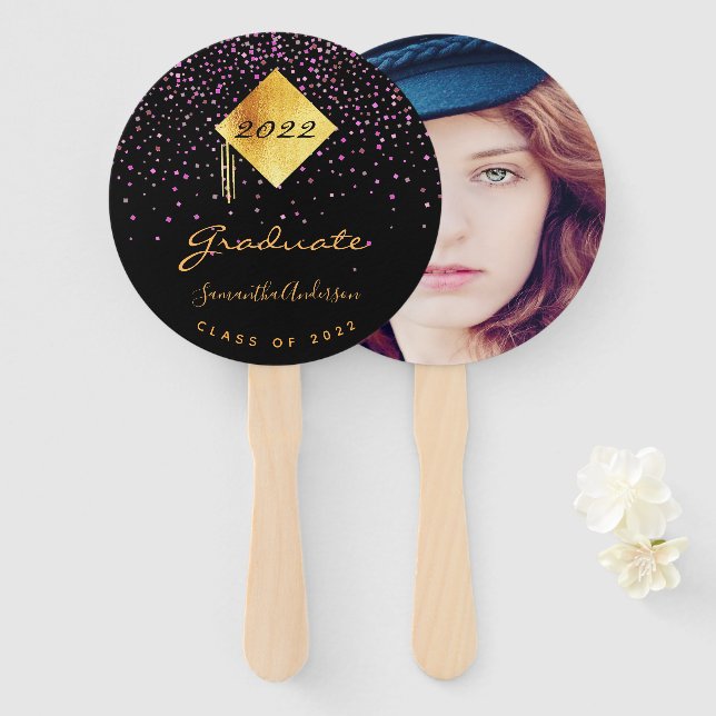 Graduation graduate photo black gold purple hand fan (Front and Back)