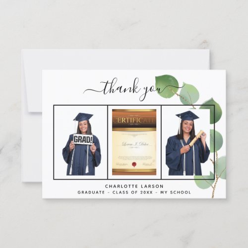 Graduation graduate photo eucalyptus greenery thank you card