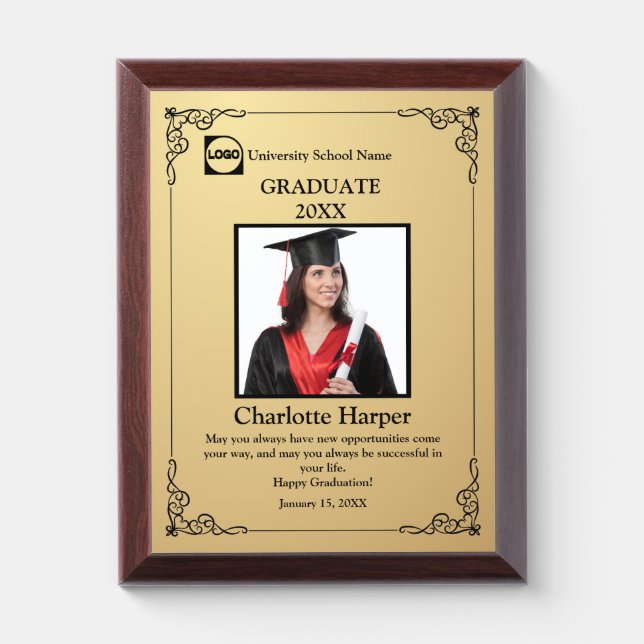 Graduation Graduate Photo | gold & black Award Plaque (Vertical)