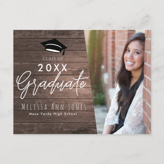 Graduation Graduate Rustic Wood School Photo Invitation Postcard (Front)