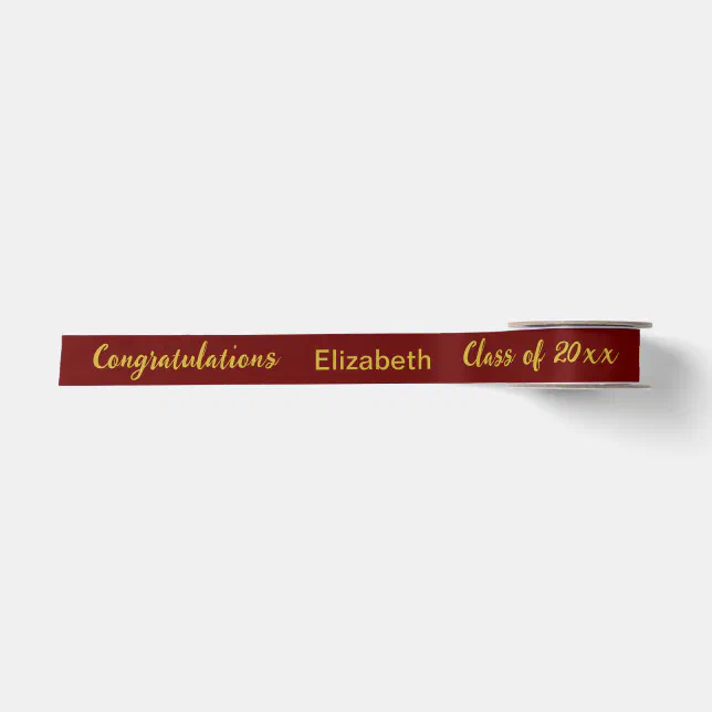 Graduation Graduate's Name Dark Red & Gold Script Satin Ribbon | Zazzle