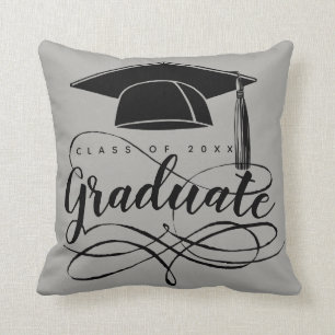 Graduation Gray Black Script Typography Grad Cap Throw Pillow