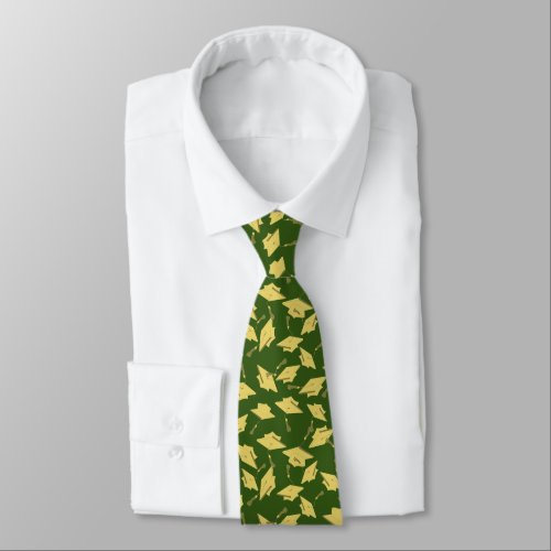 Graduation Green and Gold Caps in the Air Neck Tie