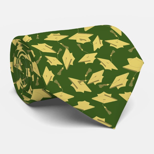 Graduation Green and Gold Caps in the Air Neck Tie (Rolled)