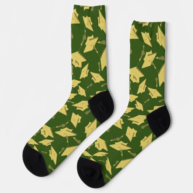Graduation Green and Gold Caps in the Air Socks (Left)