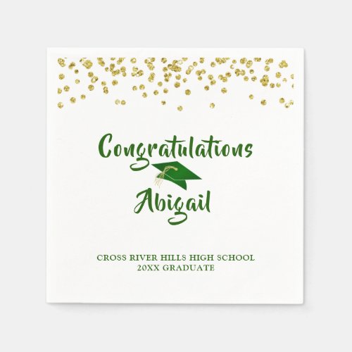 Graduation Green Gold Confetti Brush Script Napkins