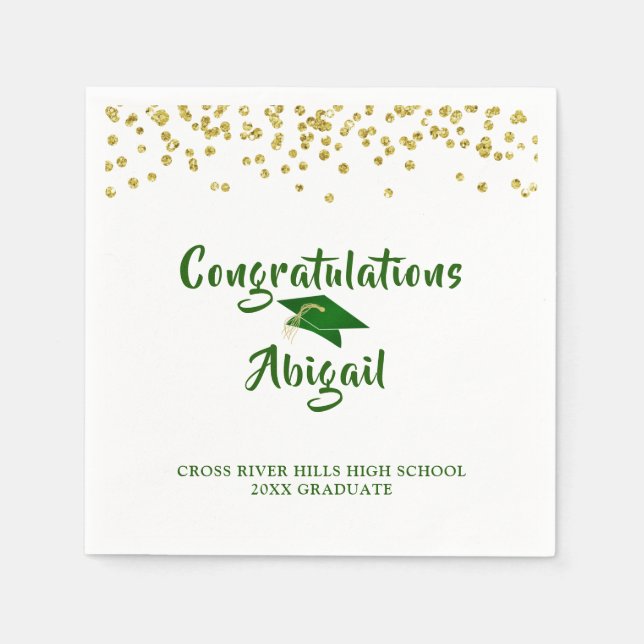 Graduation Green Gold Confetti Brush Script Napkins (Front)