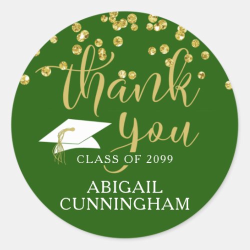 Graduation Green Gold Confetti Script THANK YOU Classic Round Sticker