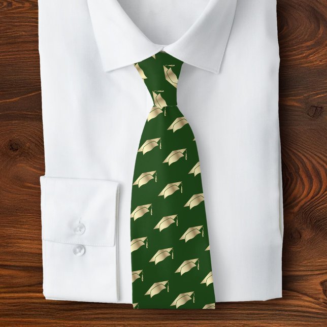 Graduation Green Gold Foil Cap Icon Pattern Bold Neck Tie (Creator Uploaded)