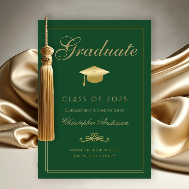 Graduation Green Gold Formal Script Grad Cap Announcement (Elegant Graduate Graduation Announcement with Gold Grad Cap, calligraphy script and green background)