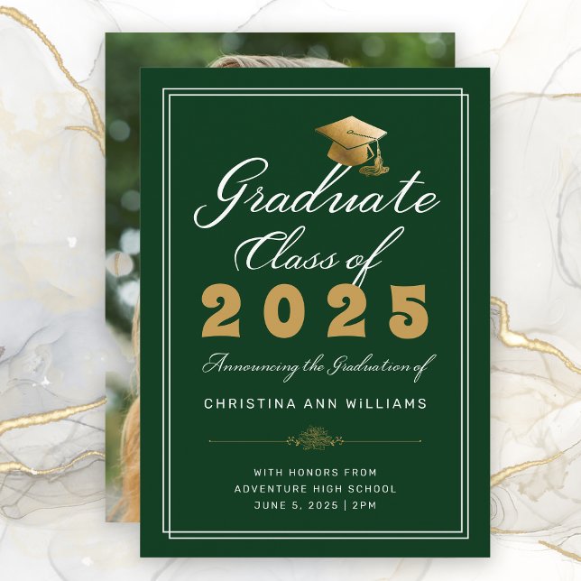 Graduation Green Gold Script Photo Class of 2025 Announcement (Green Gold White Script Graduation Announcement with Photo on the back.)