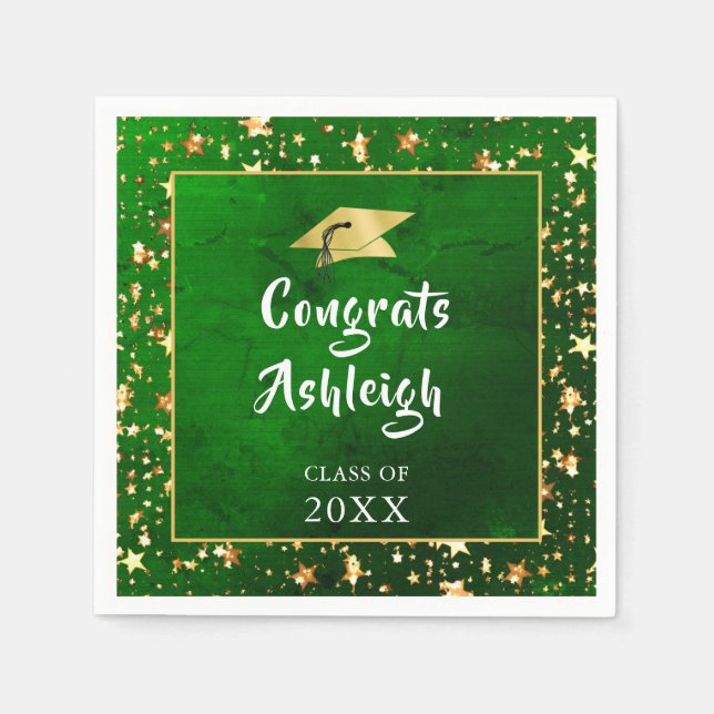 Graduation Green Gold Stars Brush Script  Napkins (Front)