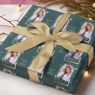 Graduation Green Gold Sun Moon Stars Grad Photo Wrapping Paper