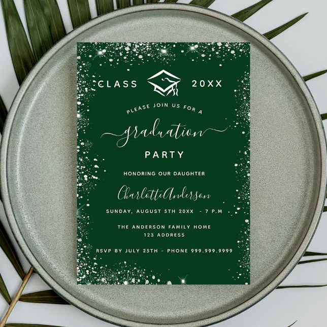 Graduation green silver glitter luxury invitation | Zazzle