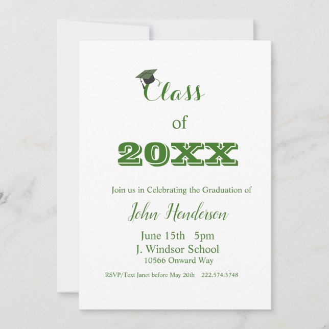 Graduation Green & White Invitation Class of 2024 (Front)