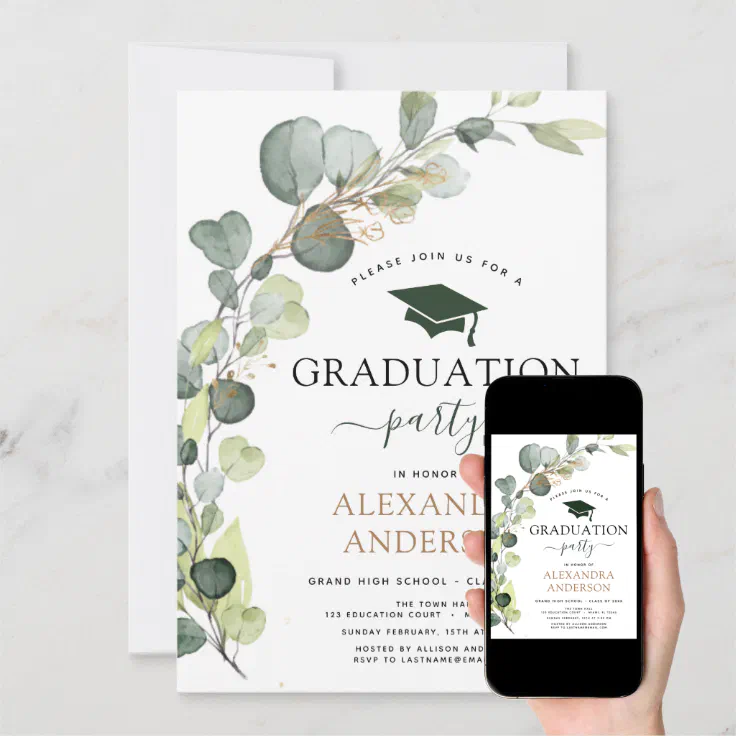 Graduation Greenery Eucalyptus 2022 Invitation | Zazzle