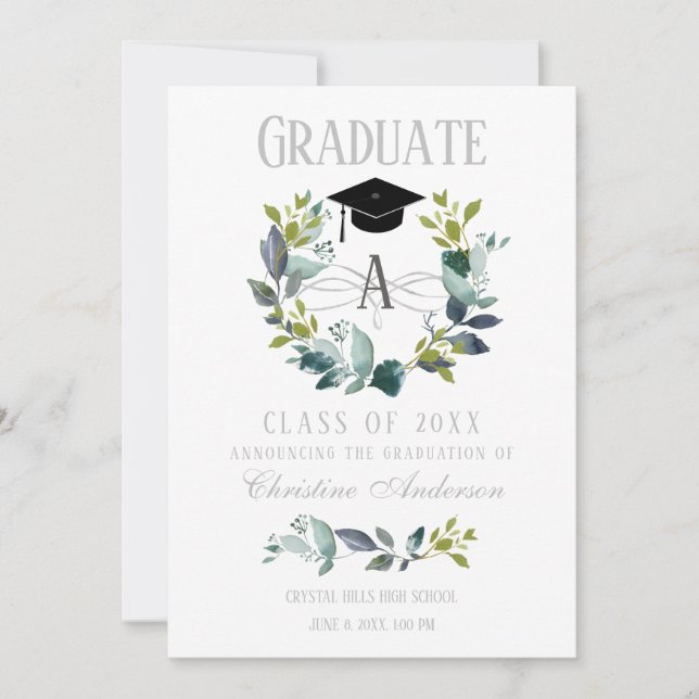 Graduation Greenery Wreath Monogram Black Grad Cap Announcement (Front)