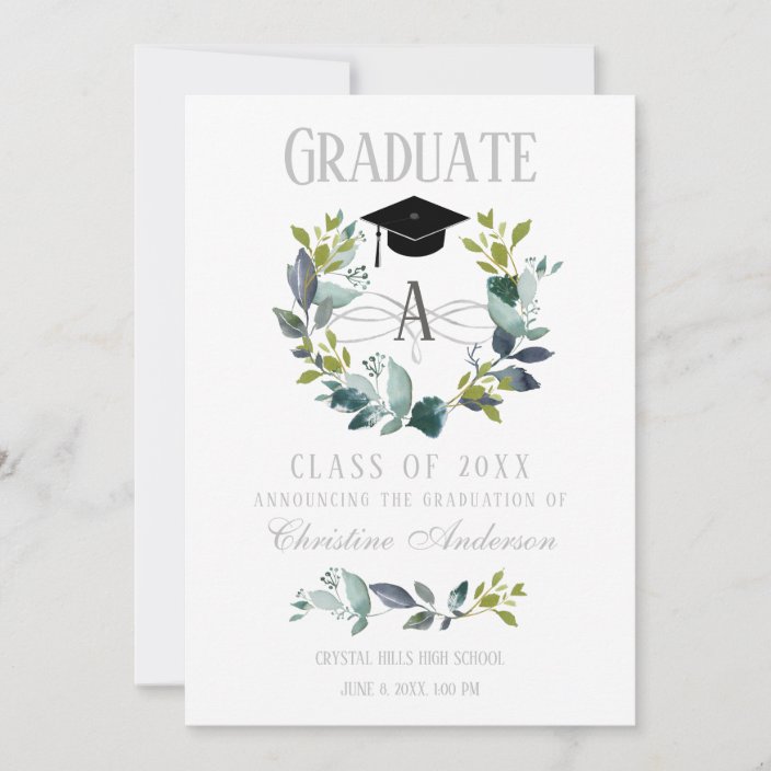Graduation Greenery Wreath Monogram Black Grad Cap Announcement ...