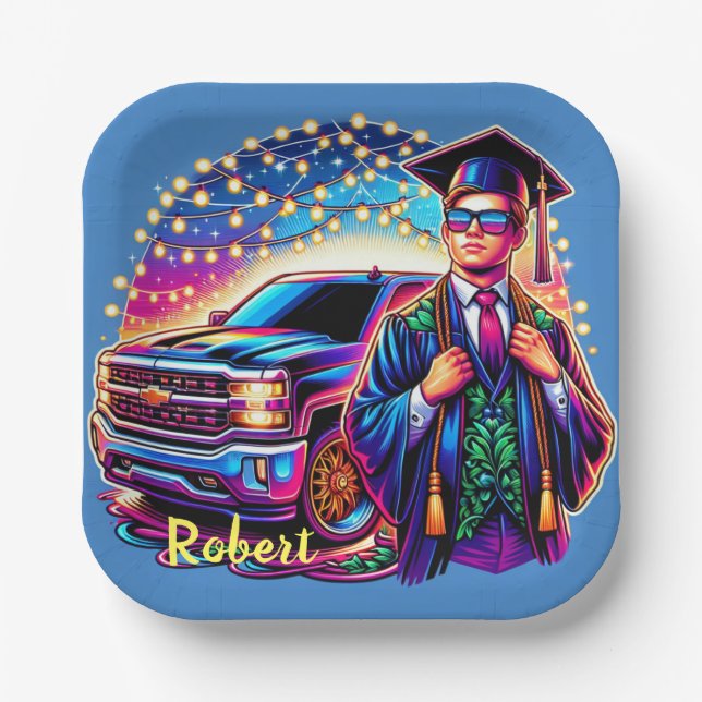  Graduation Guy With Pickup Truck Custom Paper Plates (Front)