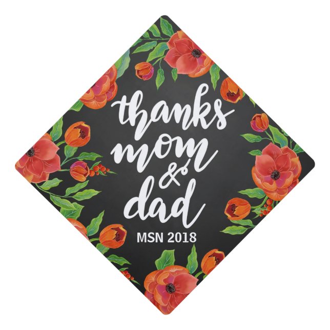 Graduation Handwritten | Thanks Mom Dad Script Cap Topper (Front)