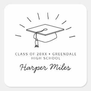 Graduation hat doodle with rays square sticker