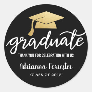 Graduation Hat Faux Gold Foil Thank You Black Classic Round Sticker