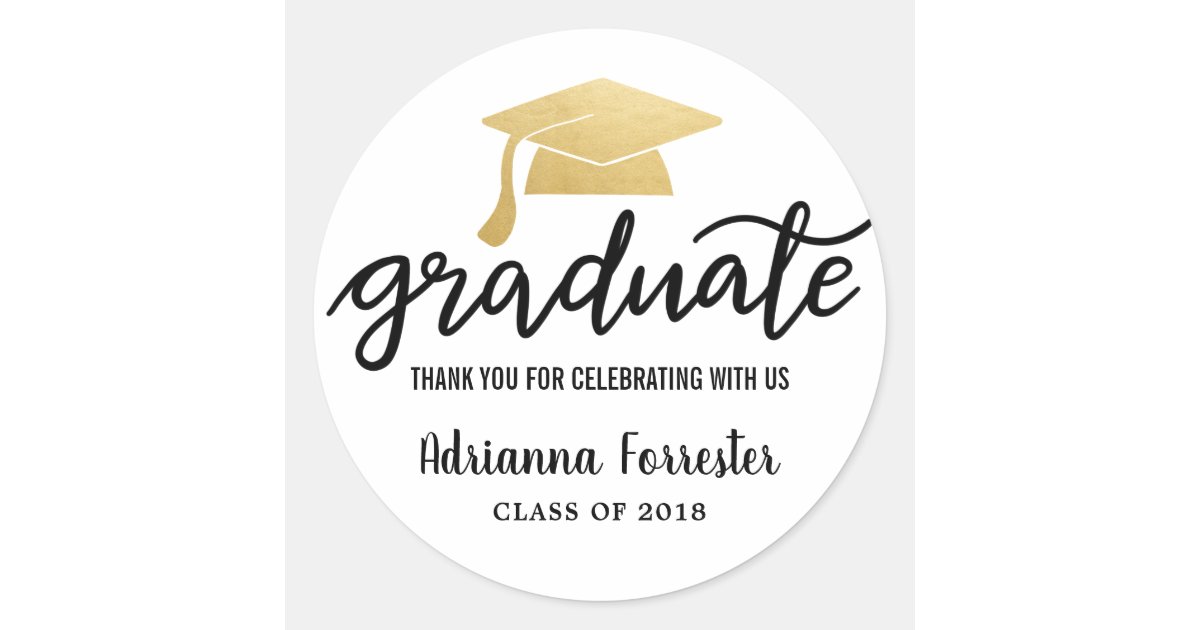 Graduation Hat Faux Gold Foil Thank You Classic Round Sticker | Zazzle