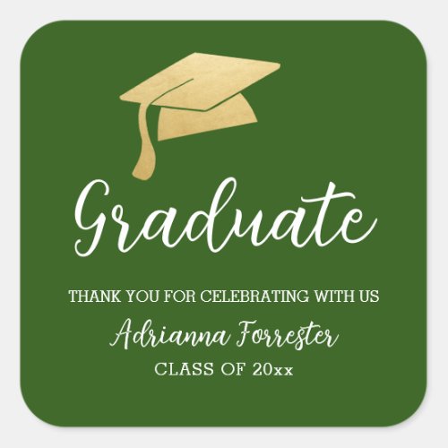 Graduation Hat Faux Gold Foil Thank You Green Square Sticker