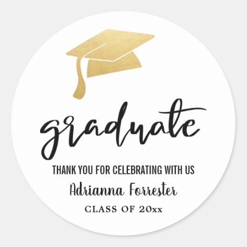 Graduation Hat Faux Gold Foil Thank You Modern Classic Round Sticker