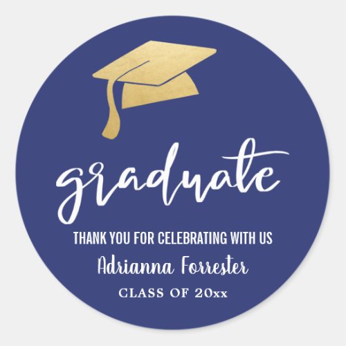 Graduation Hat Faux Gold Foil Thank You Navy Blue  Classic Round Sticker