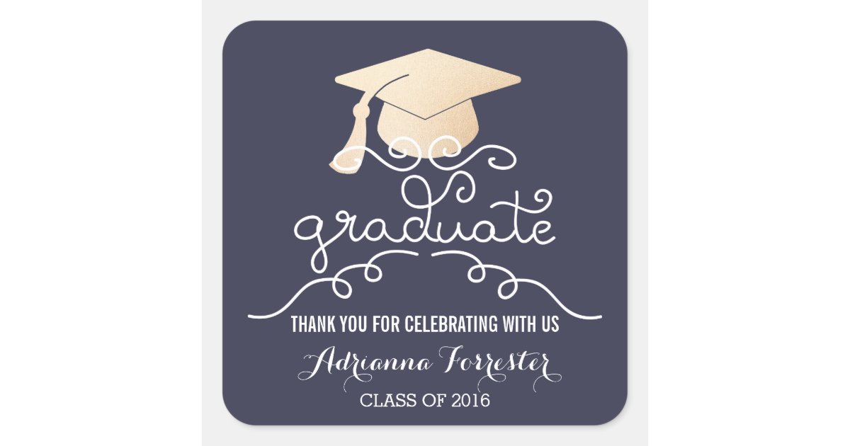 Graduation Hat Faux Rose Gold Foil Thank You Blue Square Sticker | Zazzle
