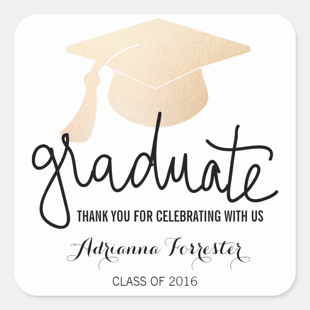 Graduation Hat Faux Rose Gold Foil Thank You Square Sticker | Zazzle