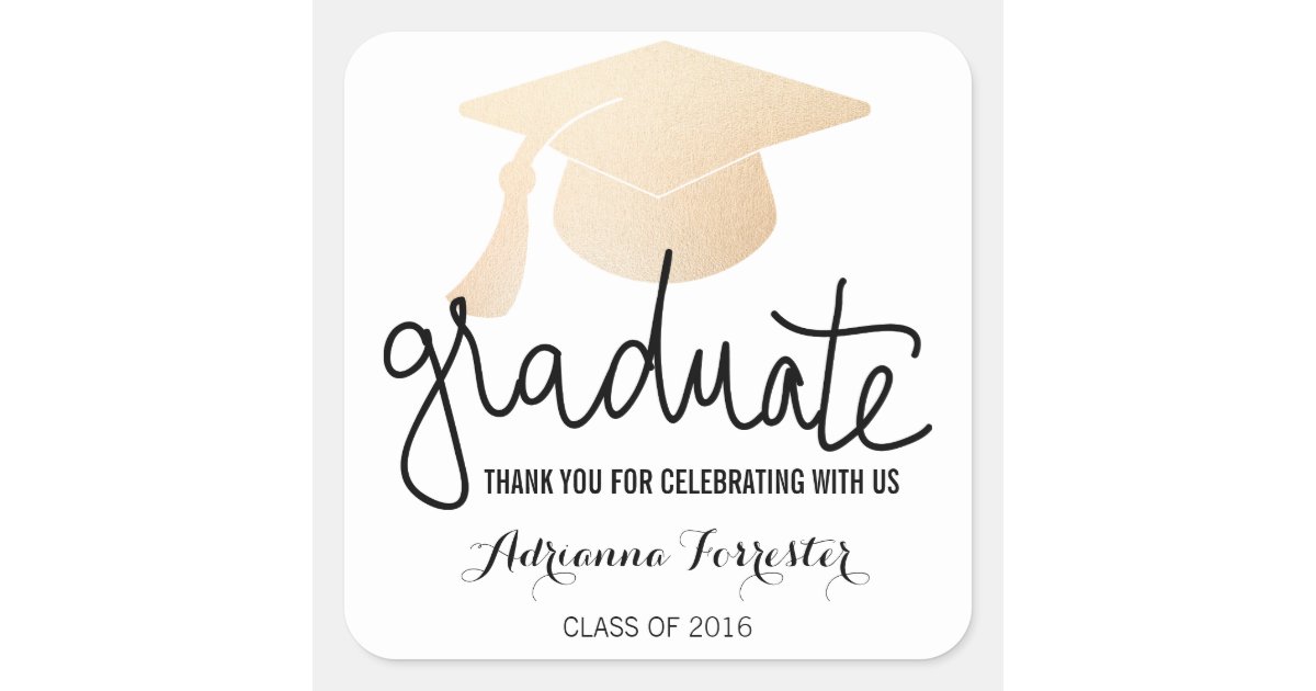 Graduation Hat Faux Rose Gold Foil Thank You Square Sticker | Zazzle