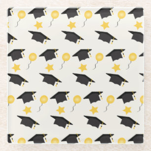 Graduation Hat Pattern With Stars And Balloons Glass Coaster