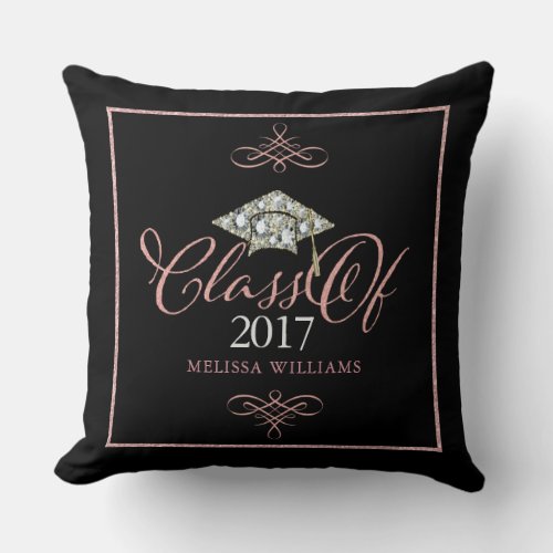 Graduation Hat  Rose Gold Typography Grad Of 2017 Throw Pillow