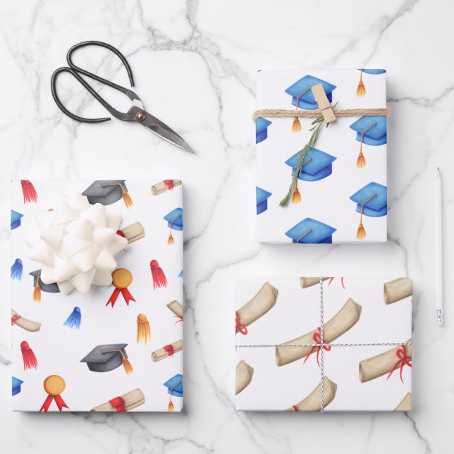 Graduation Hats Diplomas and Medals Pattern Wrapping Paper Sheets (Front)