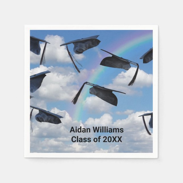 Graduation hats in sky with rainbow napkins (Front)