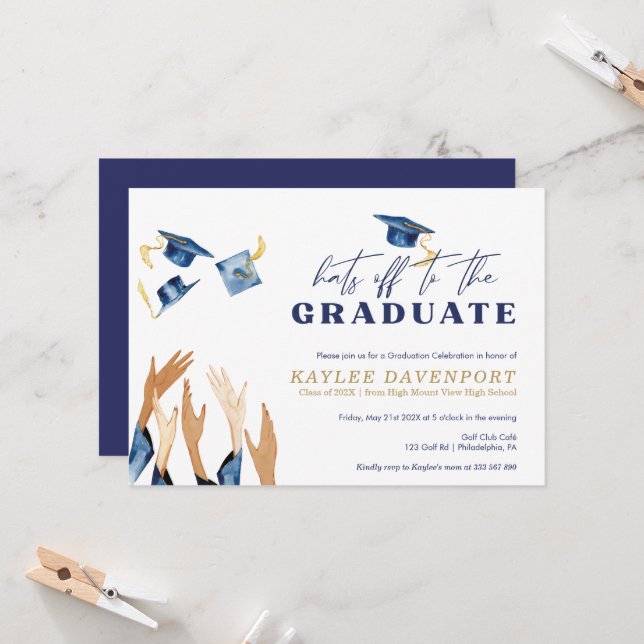 Graduation Hats off watercolor caps Invitation (Front/Back In Situ)